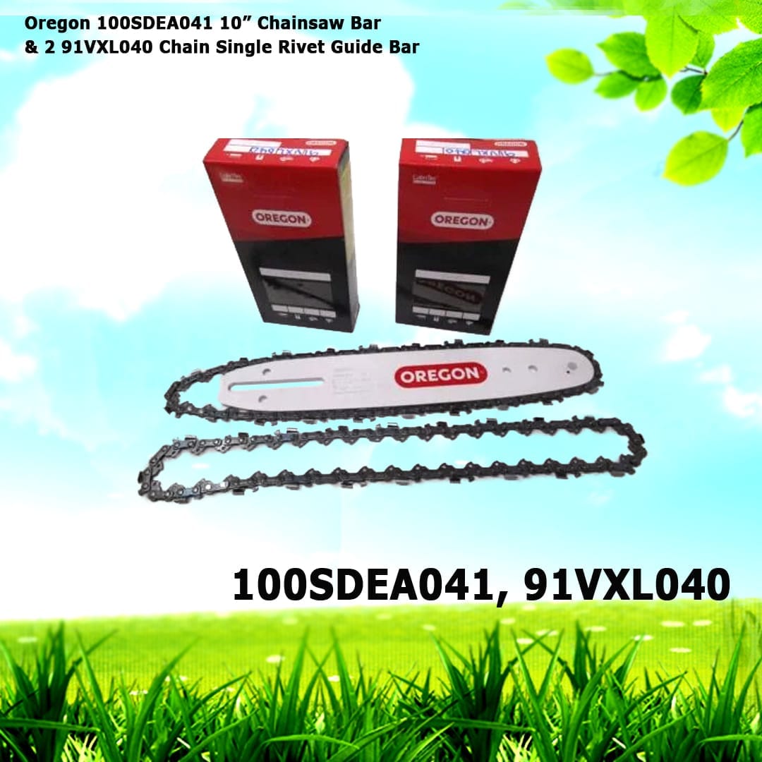 Oregon 100SDEA041 10” Chainsaw Bar & 2 91VXL040 Chain Single Rivet Guide Bar