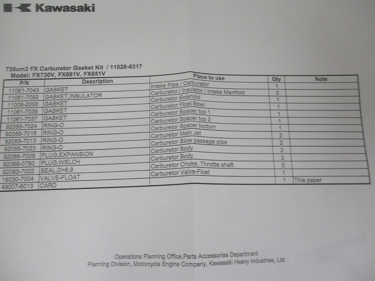Genuine Kawasaki 11028-6317 15004-7083 Carburetor Rebuild Kit