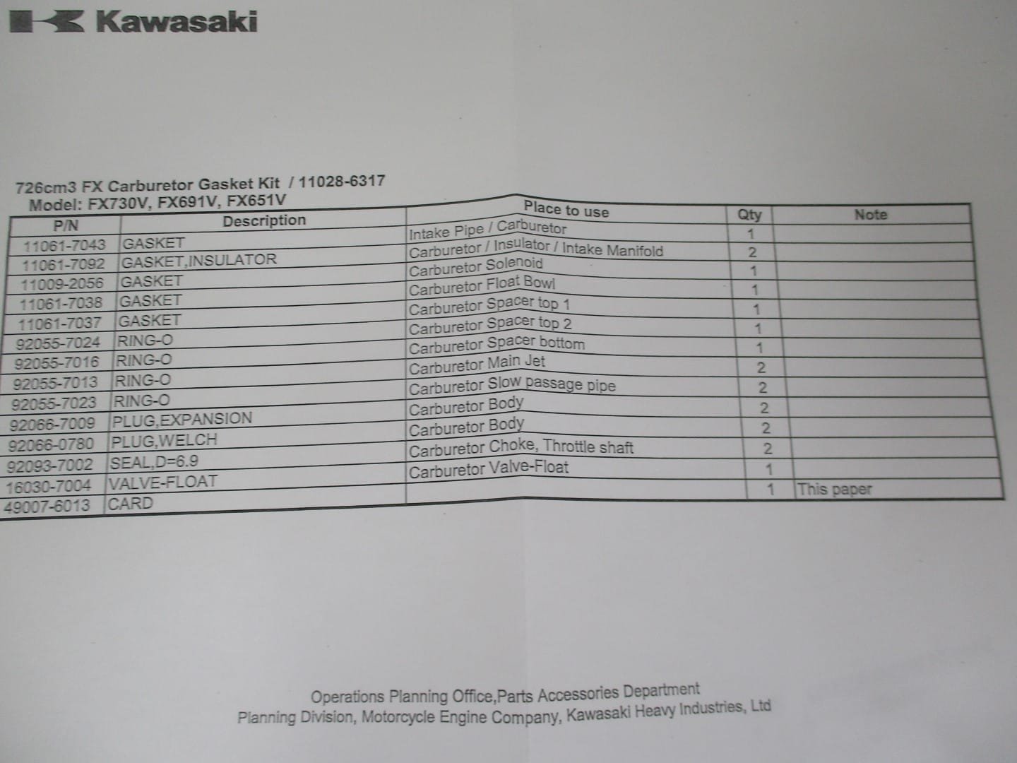 Genuine Kawasaki 11028-6317 15004-7083 Carburetor Rebuild Kit FX651V FX691V FX - Image 5