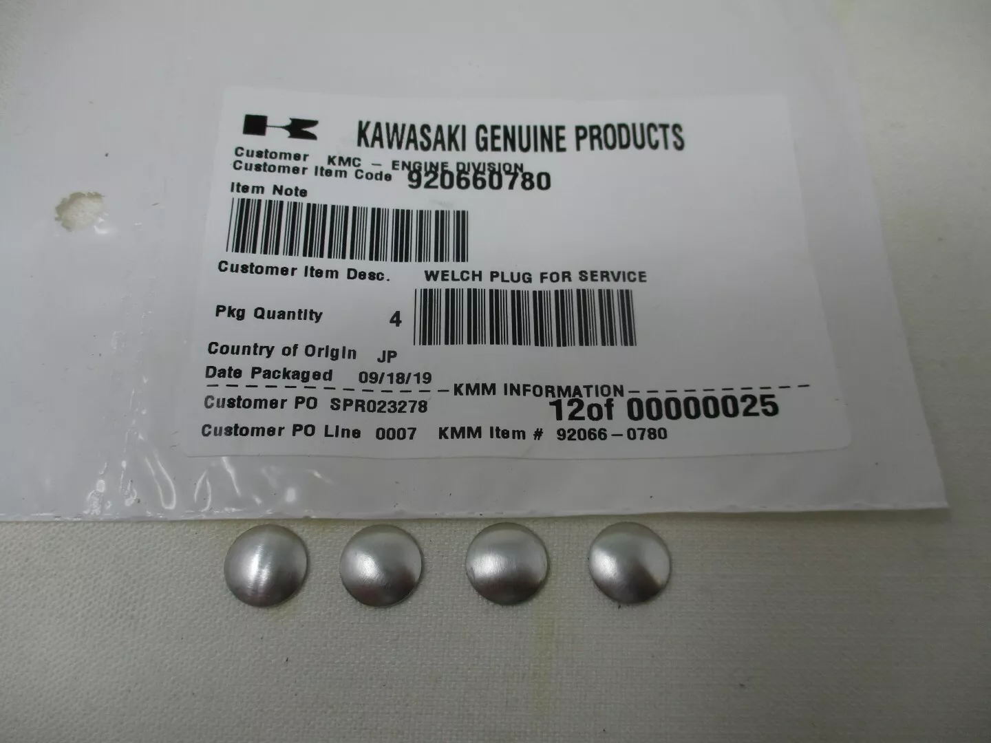 4 Genuine Kawasaki 92066-0780 Welch Plug FX651V 4 Stroke Freeze Carburetor - Image 5