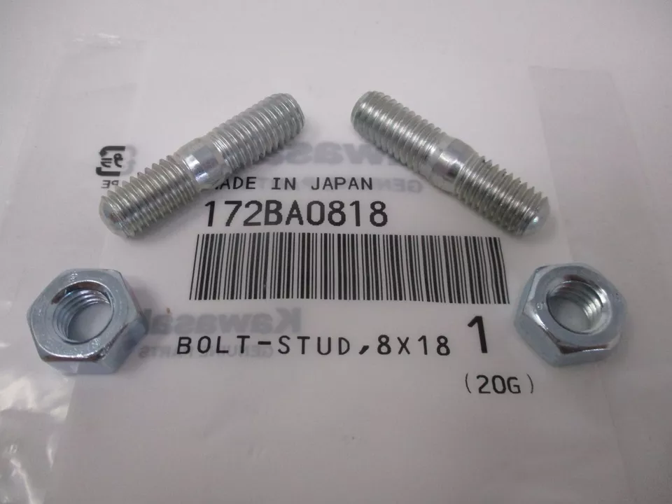 2 Genuine Kawasaki 172BA0818 Double End Exhaust Bolts Stud 8x18 mm with Nut M8-1.25 - Image 2