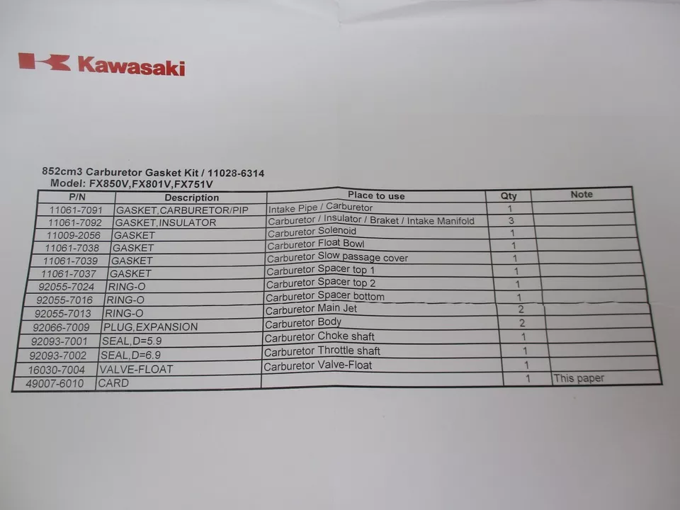 Genuine Kawasaki 11028-6314 Carburetor Rebuild Gasket Kit FX751V FX801V FX850V - Image 6